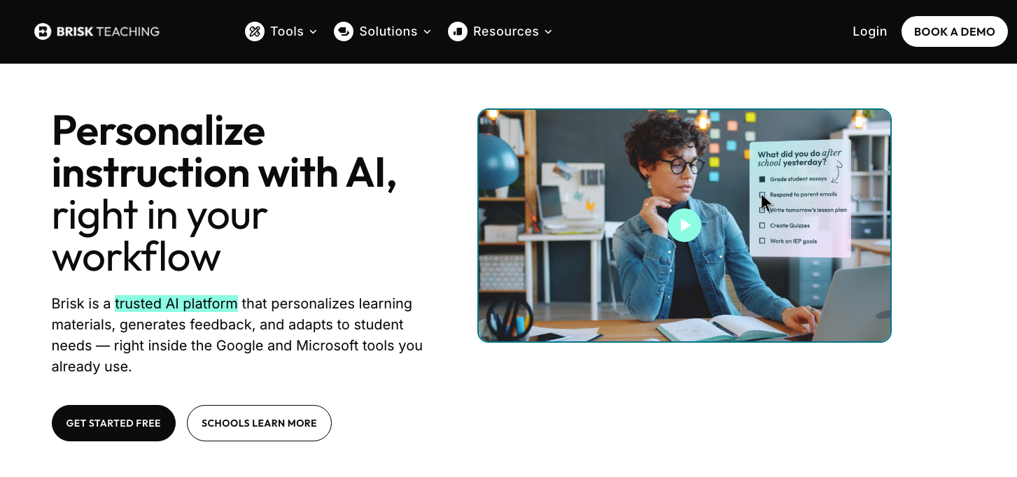 Brisk Teaching homepage: Personalize instruction with AI, right in your workflow