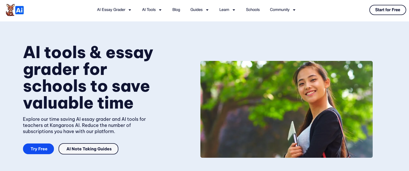 Kangaroos AI homepage: AI tools & essay grader for schools to save valuable time