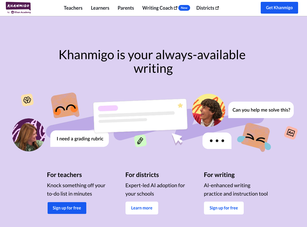 Khanmigo homepage: Khanmigo is your always-available writing