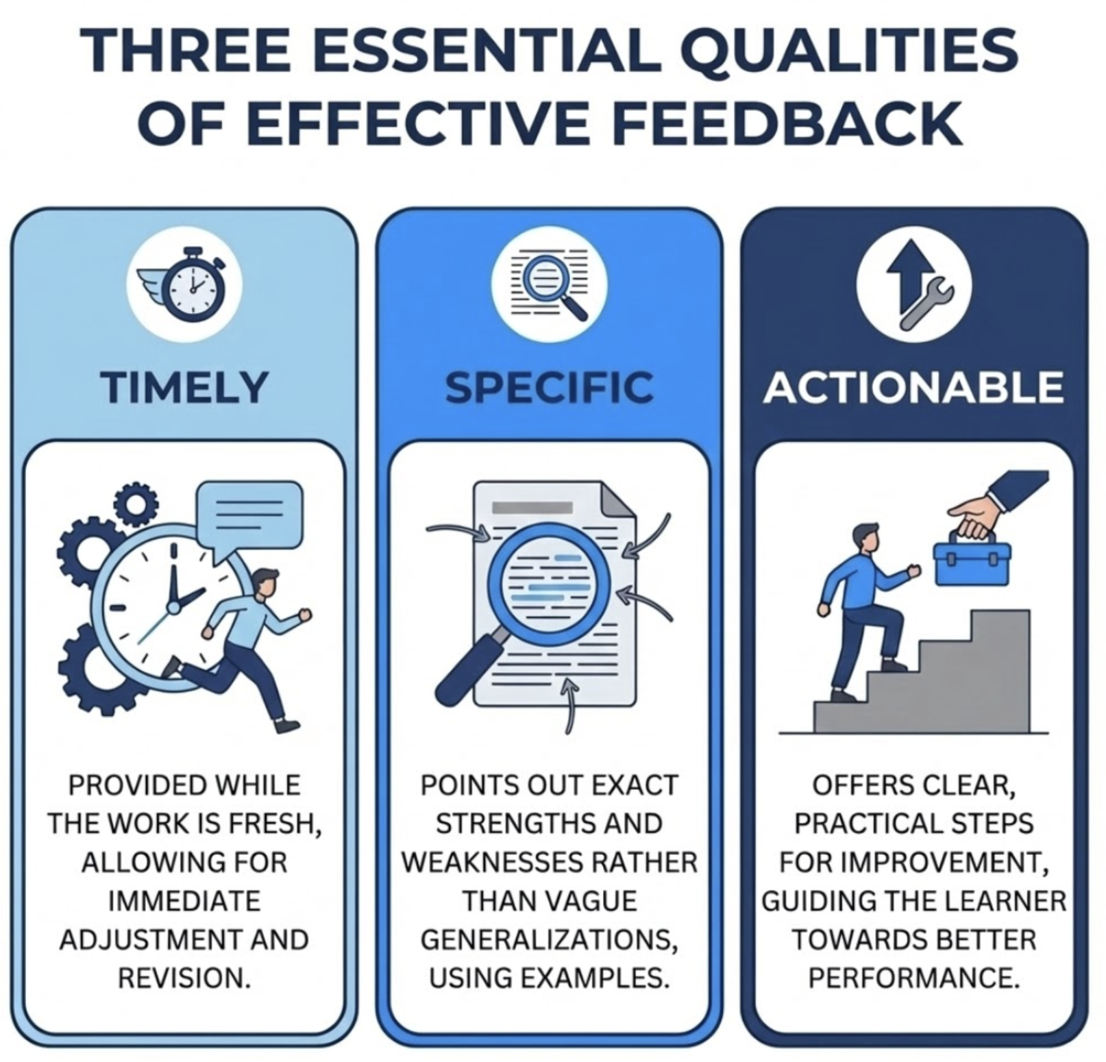 Infographic titled “Three Essential Qualities of Effective Feedback.” The three qualities are: 1. Timely: Provided while the work is fresh, allowing for immediate adjustment and revision. (Icon: A man running next to a large clock and stopwatch). 2. Specific: Points out exact strengths and weaknesses rather than vague generalizations, using examples. (Icon: A magnifying glass highlighting text on a document). 3. Actionable: Offers clear, practical steps for improvement, guiding the learner towards better performance. (Icon: A man climbing steps while another hand offers a briefcase from above, next to an upward arrow and wrench icon).